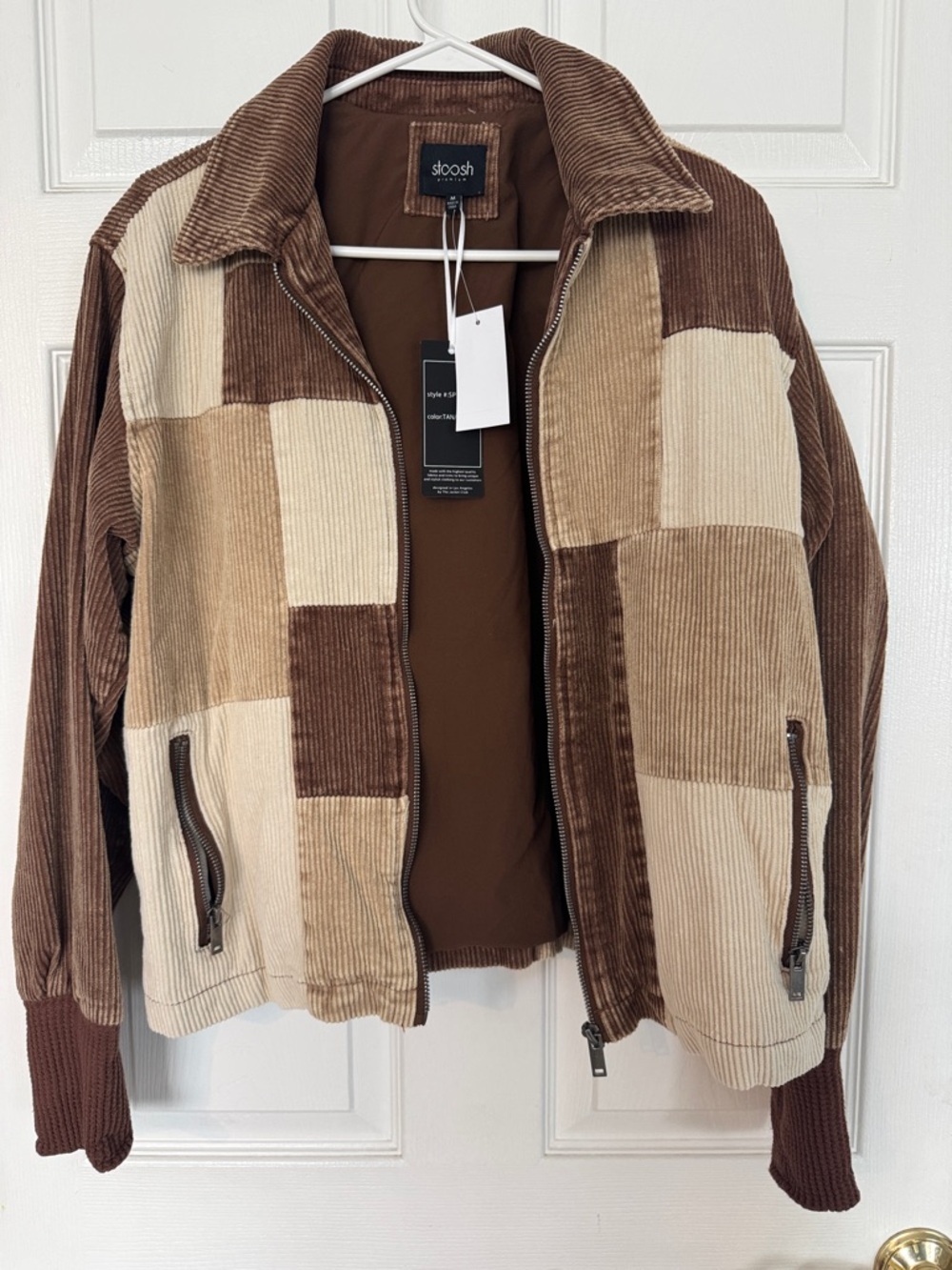 Stoosh Patchwork Corduroy Bomber Jacket in Brown & Cream